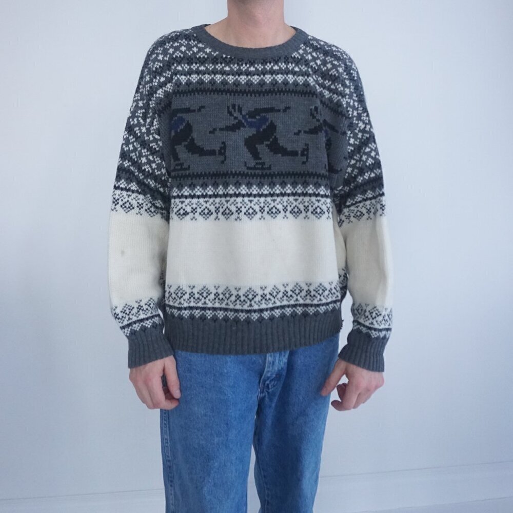 Vintage Knit Winter Speed Skater Outdoor Crewneck Sweater XL